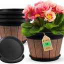 Quarut 4 Pack 10 inch Plant Pots,Upgrade Whiskey Barrel Planters with Drainage Holes & Saucer,Plastic Decoration Flower Pots Retro Design,Planters for Outdoor Indoor Garden Home Plants (Brown)