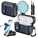 for AirPods Pro 3 Case (2025) with Phone Stand,with Automatic Snap Switch Carbon Fiber Design Protection Cover with Cleaning Pen,Balck (Blue)