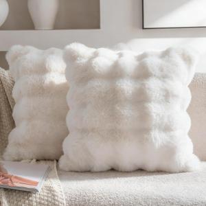 Neelvin Cream White Faux Fur Pillow Covers Set of 2, Luxury Soft Fluffy Throw Pillow Covers for Couch, Fuzzy Decorative Plaid Plush Cushion Cases for Living Room Sofa Bedroom Decor
