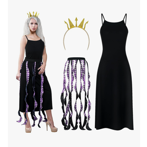 3 Pcs Women Octopus Costume Black Purple Octopus Dress Long Tentacles Gold Crown Undersea Witch for Halloween 2XL