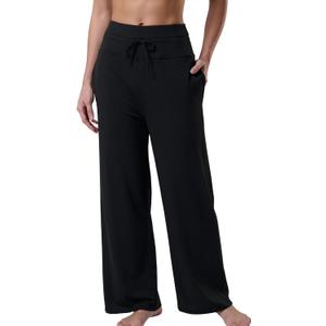 Liberty Pro Womens High-Waisted Ankle-Length Lounge Pants, 26 Inseam Wide Leg Drawstring Casual Bottoms with Pockets (Black, L)