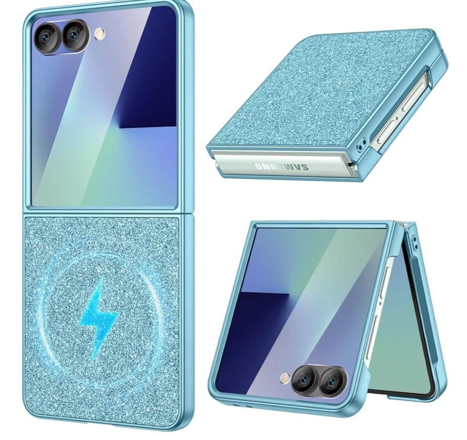 Maxdara for Z Flip 7 Magnetic Case, Bling Galaxy Z Flip 7 Case with Built-in Outer Screen Protector Luxury Slim Cover, Light Blue
