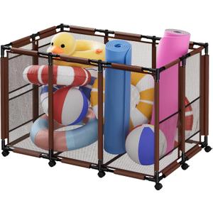 Extra Large Pool Storage Bin, Metal Rolling Float Swimming Equipment Holder Organizer Cart with Mesh, Brown XL