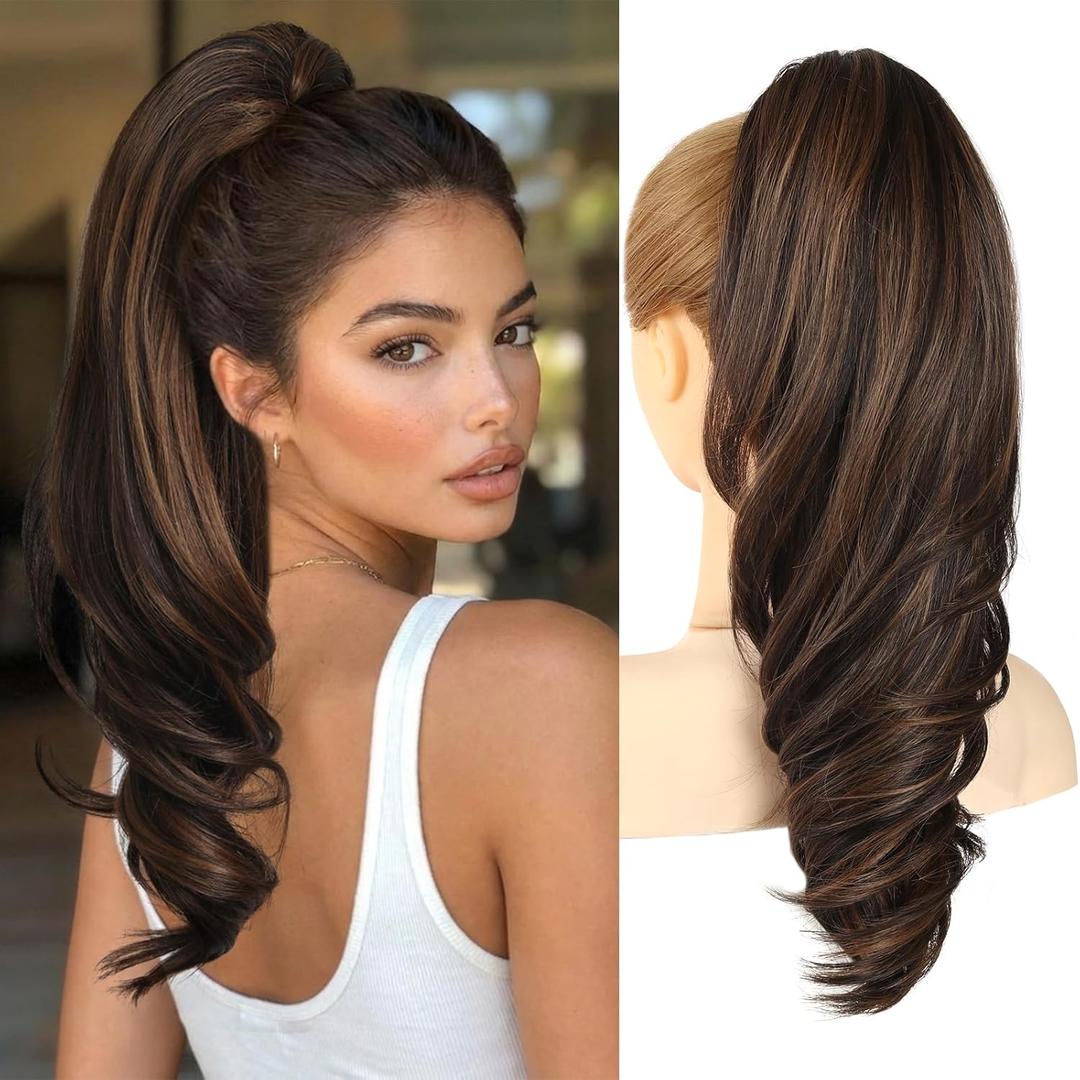 18" Ponytail Extension Clip On Pony Tails Hair Extensions Claw Clip Hair Extensions Ponytail for Women, Long Wavy Ponytail for Quick Hairstyle Change, Perfect for Gym, Travel, and Busy Mornings (Dark Brown with Brown Highlights)