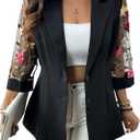 WDIRARA Women's Plus Size Floral Embroidered Mesh Button Down Blazer 3/4 Sleeve Collared Suit Jackets, Black 3X-Large Plus 
