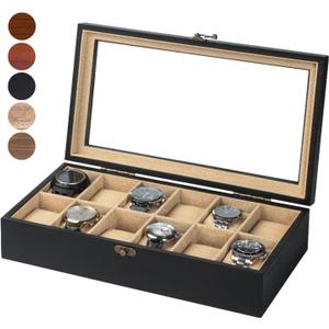 Watch Box, Watch Case for Men Women with Large Glass Lid, Wooden Watch Display Storage Box with 12 - Slots, Charcoal Black Mens Watch Box Organizer