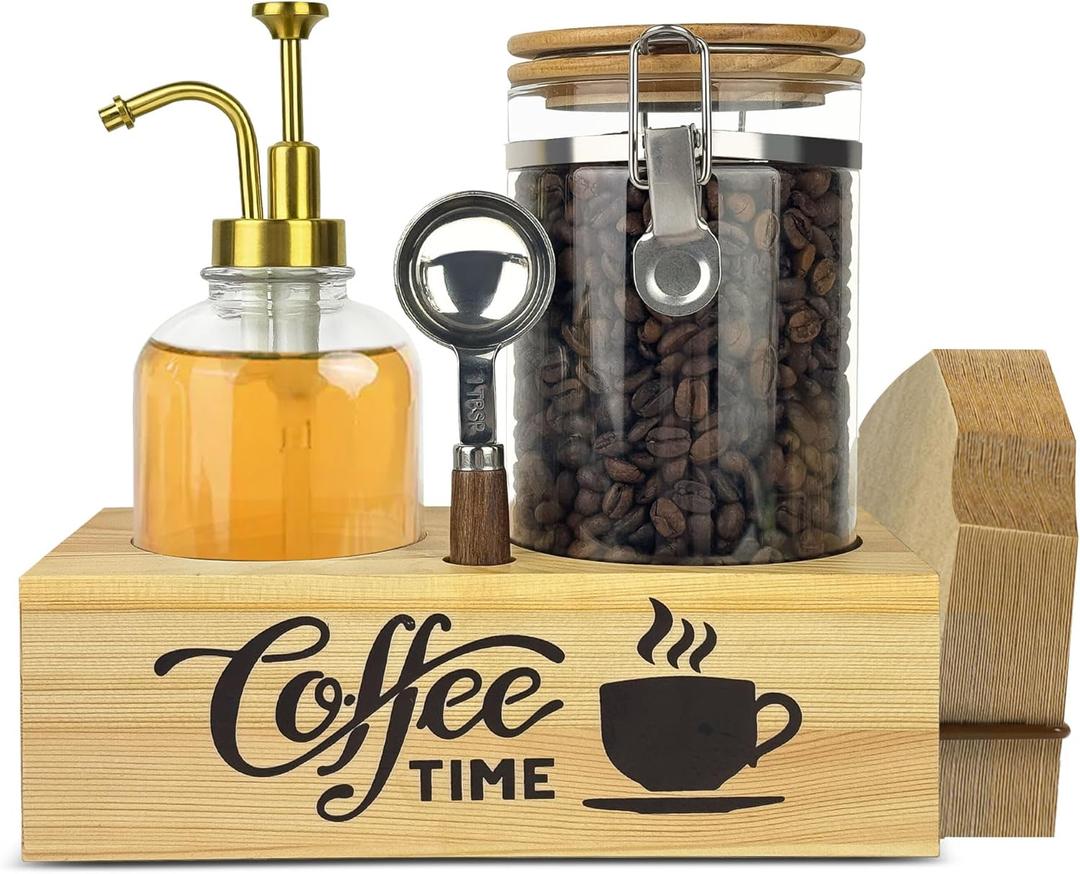 Coffee Storage Container Set with Wooden Base, 40oz Airtight Glass Coffee Bean Jar, 16.9oz Syrup Dispenser, Spoon & Card Holder, Coffee Bar Accessories for Kitchen Counter Organizer