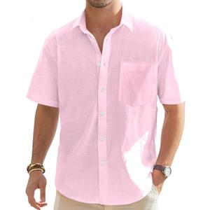 J.VER Men's Cotton Linen Short Sleeve Shirts Casual Lightweight Button Down Shirts Vacation Beach Summer Tops with Pocket (Large)