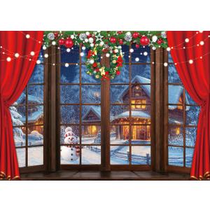 Christmas Backdrop Christmas Window Backdrop for Photography Red Curtain Xmas Photo Backdrops cp-566 7x5ft