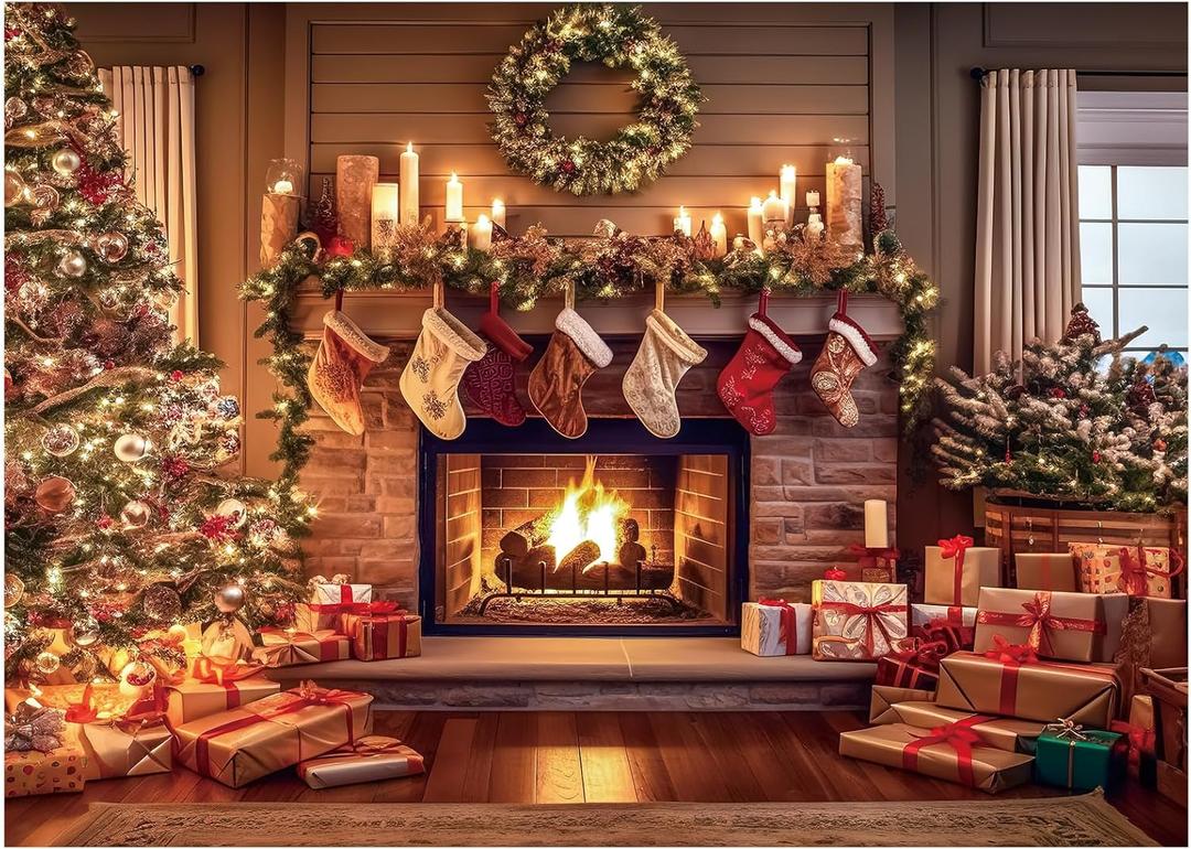 VitalCozy Christmas Fireplace Backdrop Christmas Xmas Tree Stocking Polyester Background Decoration for Photo Studio Props (8 x 6 ft)