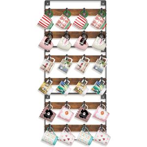 EsLuker.ly Mug Holder Hanger Rack Wall Mounted Wooden 3 Pack Coffee Cup Storage Organizer Display Shelf with 24 Movable Plastic Hooks, Ideal for Mug Collectors (Vintage Brown+Black)