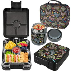 Bento Lunch Box Set for Kids with 10oz Soup Thermo, Leak-Proof Lunch Containers with 4 Compartment, Kids Thermo Hot Food Jar and Insulated Lunch Bag for Kid to School,BPA-Free(Black-Game Console)