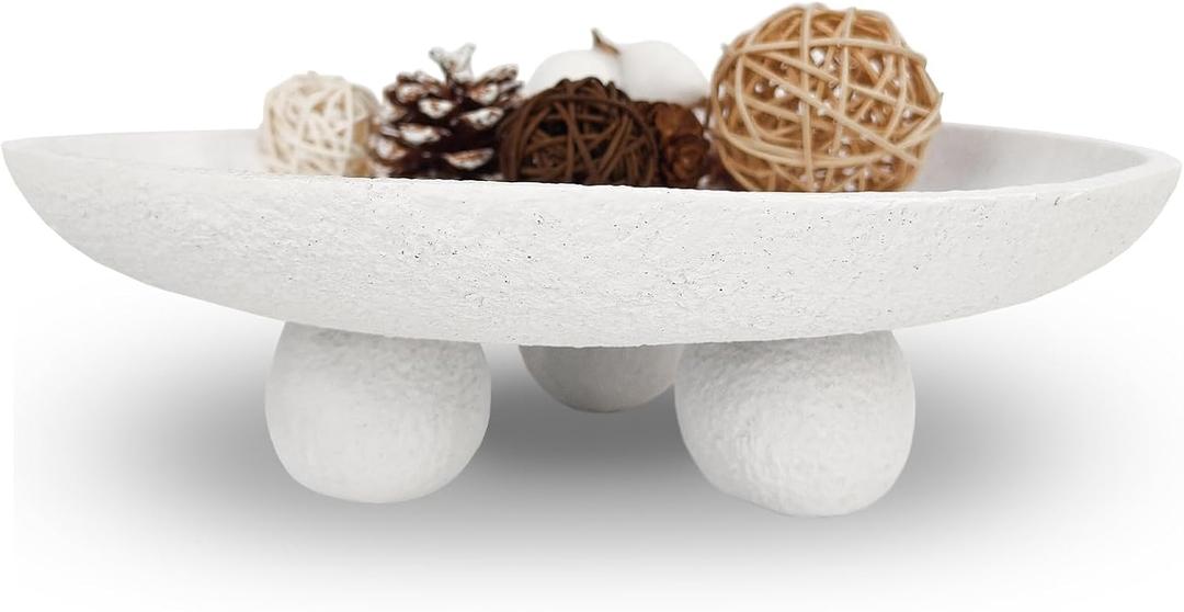 Modern Resin Pedestal Bowl  Textured Decorative Dish with Sculptural 3-Leg Base, Minimalist Stone-Like Finish for Fruit, Keys, Potpourri, or Centerpiece Display (cream white)