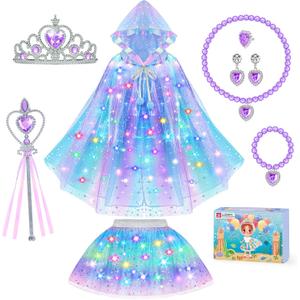 DOLNOW Princess Dress Up for Girls, Unicorn Light up Princess Cape Princess Dress Costume Crown Gift for Girls 3 4 5 6