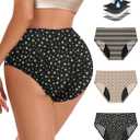 Gemfit Period Underwear for Women Heavy Flow - Seamless High Waisted Leakproof Absorbent Incontinence Postpartum Washable Protective Breathable Briefs 3 Pack, Stripe + Flower + Dot, Large