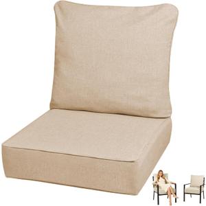 6 Inch Thick Outdoor Deep Seat Cushions for Outdoor Furniture Waterproof Patio Seat Cushions with Removable Cover and Adjustable Ties, 24x24x6 Inches Outdoor Chair Cushion, Khaki, 1 Pack-24x24x6.0 inches