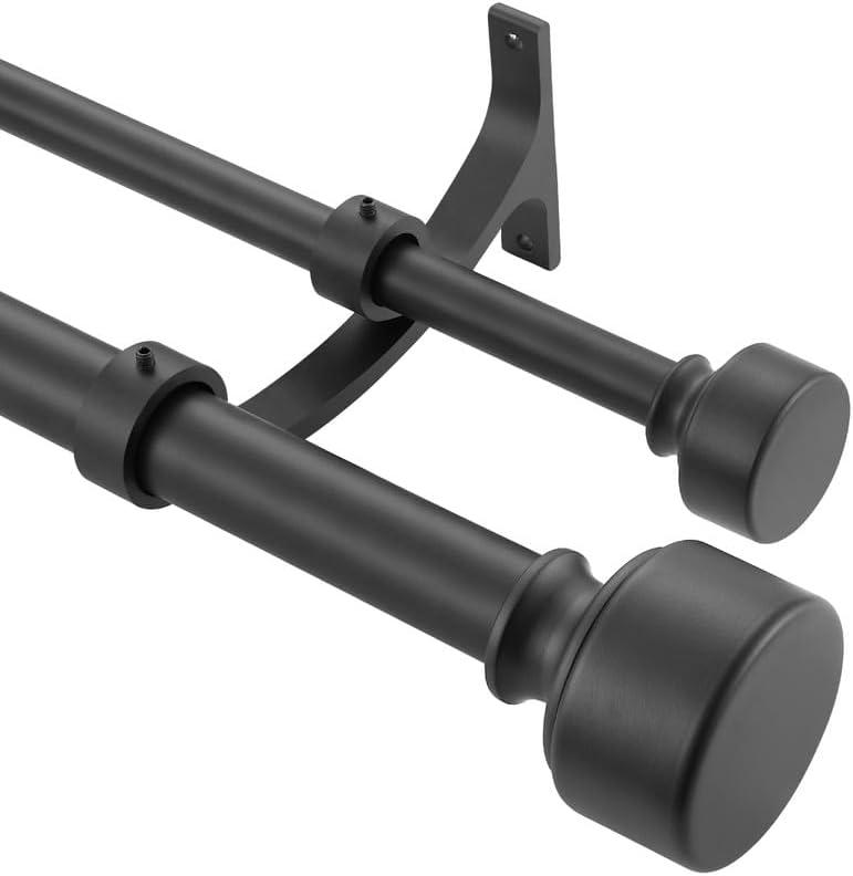 Matte Black Double Curtain Rods 72-144 Inches, Adjustable Double Window Rod with Modern End Cap, Heavy Duty 1-Inch Front and 5/8 Inch Back Telescoping Double Drapery Rod