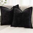 Black Decorative Throw Pillow Covers 20x20 Inch Set of 2 Cozy Soild Chenille Cushion Cases Soft Textured Square Couch Pillows Cover Boho Accent Farmhouse Pillowcases for Sofa Bed