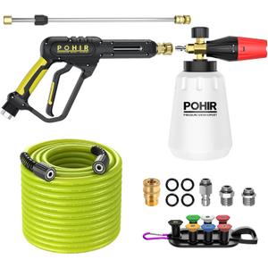 POHIR Pressure Washer Gun with Foam Cannon & 50ft Power Washer Hose, 3600PSI Pressure Washing Kit with 15" Extension Wand & 7 Nozzle Tips, 3/8'' Quick Connector & M22 15mm/14mm Fittings