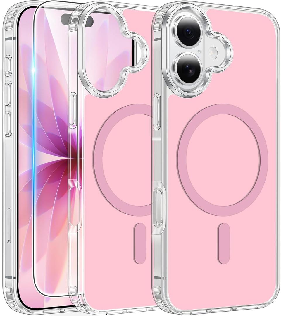 FNTCASE for iPhone 17 Case Clear: Magnetic Phone Cases with Screen Protector Compatible with Magsafe Slim Anti Yellowing Rugged Shockproof Protective Transparent Cell Cover (Pink)