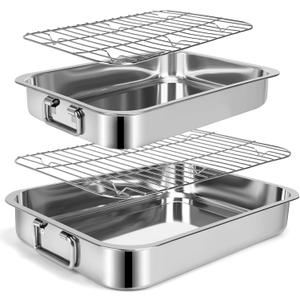 2 Pcs 12.7"15.5" Stainless Steel Roasting Pans with Handles, Baking Pan for Oven with 2 Pcs Flat Racks, Heavy Duty, Dishwasher Safe Rectangular Lasagna Pan with Handles for Turkey Chicken, Silver