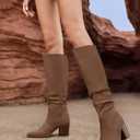 Huiyuzhi Womens Pointed Toe Mid Chunky Heel Side Zipper Knee High Boots Tall Booties (Brown)