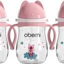 Oberni Toddler Sippy Cup, Tritan Baby Water Bottle With NonSpill Valve Spout, Removable Handle and Carry Strap, 270ml/12m+/Pink/Pack of 3