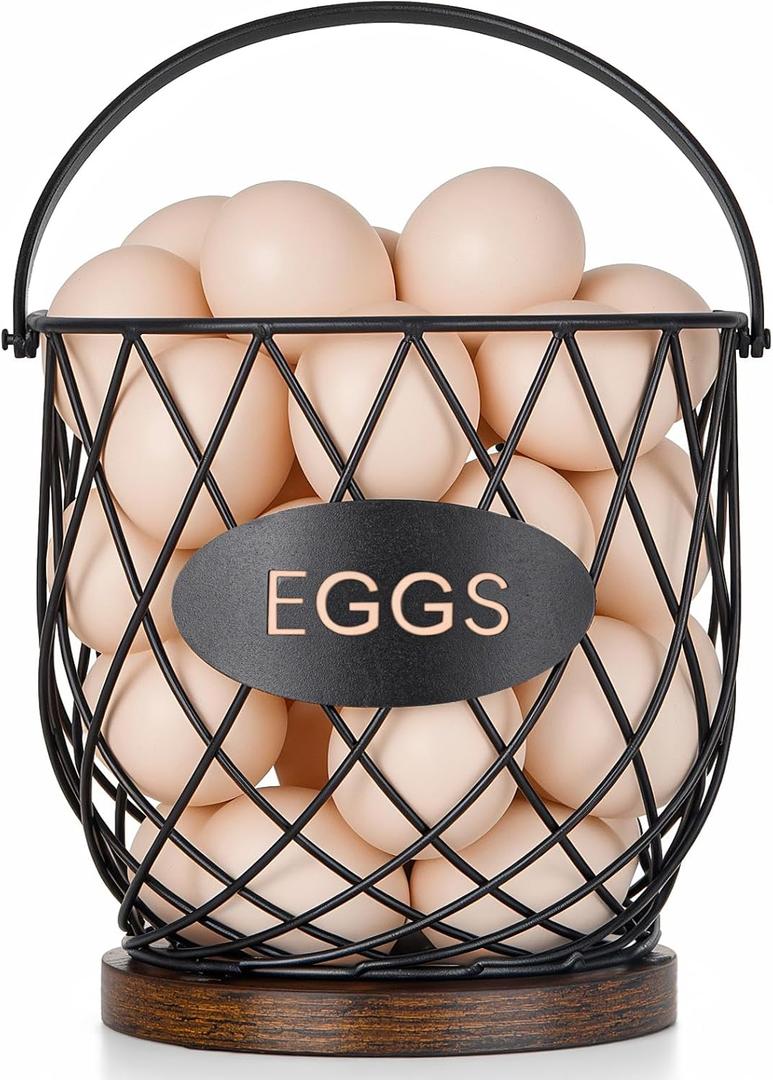 Chicken Egg Basket for Gathering Fresh Eggs, Wire Egg Collecting Basket | Metal Handle, Wooden Base, Round Egg Holder Countertop, Vintage Farmhouse Kitchen Decor, Fruit Storage