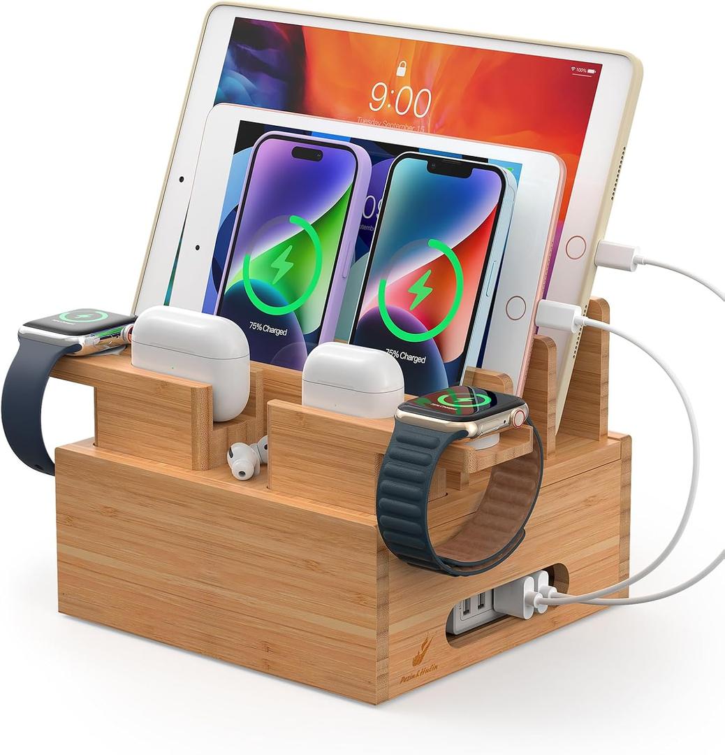 Pezin & Hulin Bamboo Charging Station Organizer for Multiple Devices, Desktop Docking Station Compatible with Phone, Tablet, Earbuds, Smartwatch, (Included 5 Cables, NO Charger HUB)