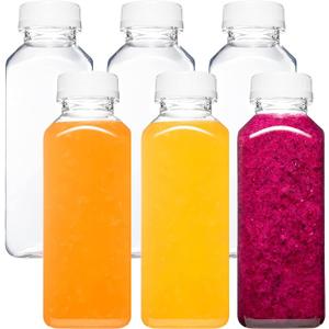 Norcalway 6pcs 12oz Plastic Juice Bottles with Caps, Reusable Juicing Bottles, Clear Drink Containers with Lids for Juicing, Smoothie and Other Beverages (12 OZ / 6 PACK)