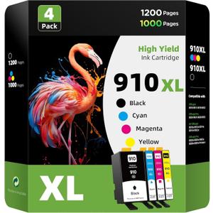4-Pack Compatible Ink Cartridge Replacement for HP 910XL 910 XL (Black XL & C/M/Y XL) to use with Officejet Pro 8025 8020 8028 8035 8023 Officejet 8022 8010 8015, Black, Magenta, Yellow, Cyan