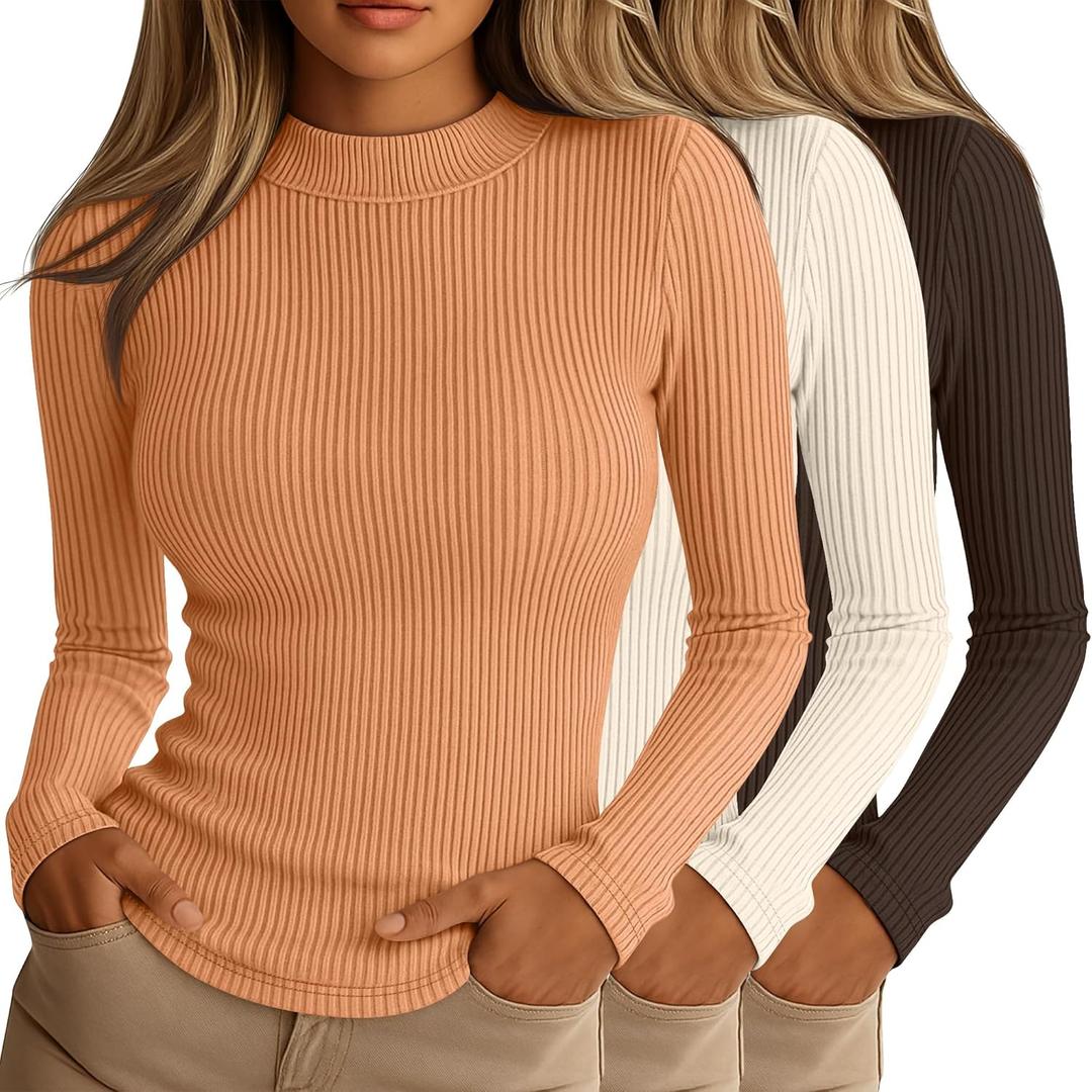 Riyiper 3 Pack Women's Ribbed Shirts, Mock Turtleneck Long Sleeve Tops Slim Fitted Undershirts Casual Basic Layering Tees (Large, Tangerine, Almond Milk Color, Dark Brown)