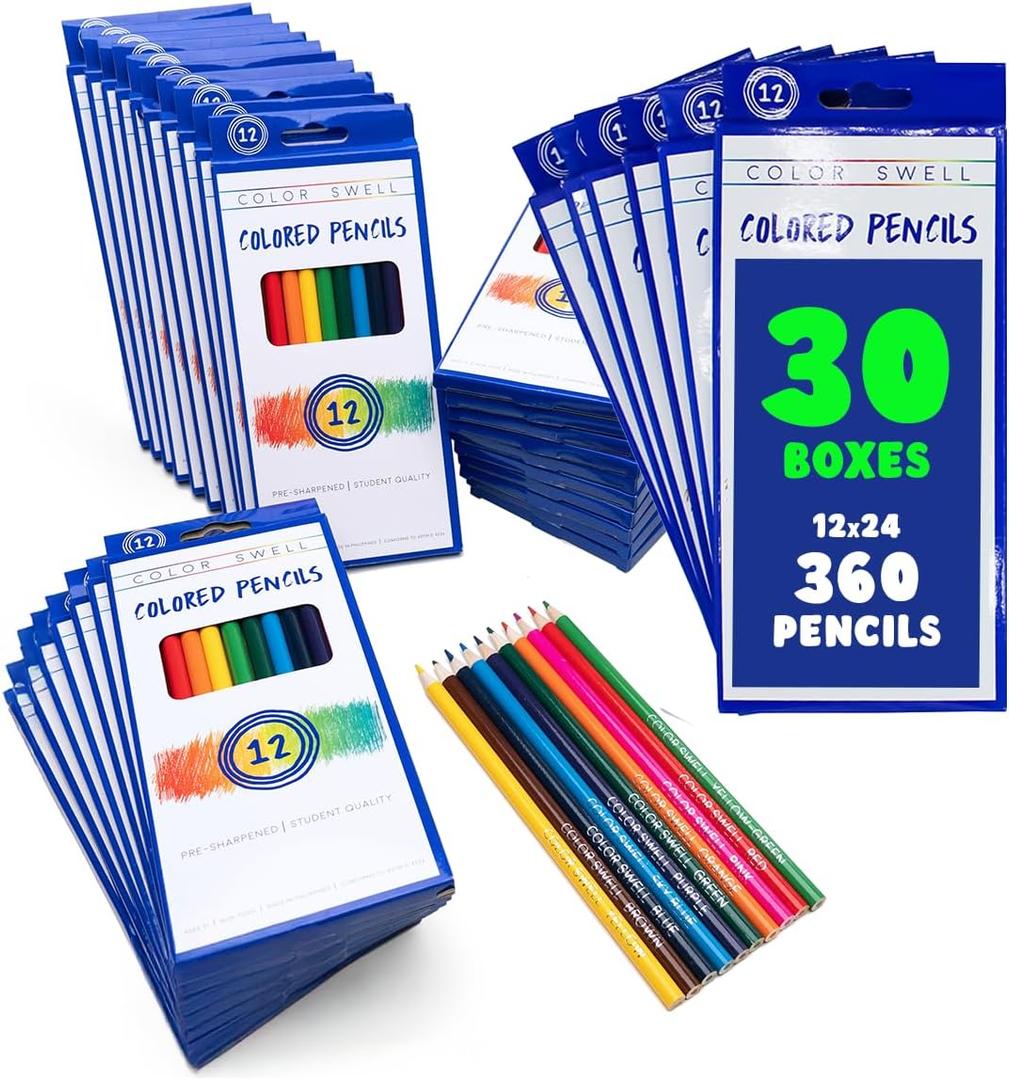 Color Swell Bulk Colored Pencils 30 Sets, 360 Pre-Sharpened Assorted Vibrant Colors Ideal for Kids, Teachers, and Classroom Supplies