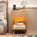 Fluted Nightstand Set of 2, Wooden Night Stand with Charging Station and LED Light, Modern Mid Century End Table with Drawer, Bedside Table for Bedroom, Natural Oak