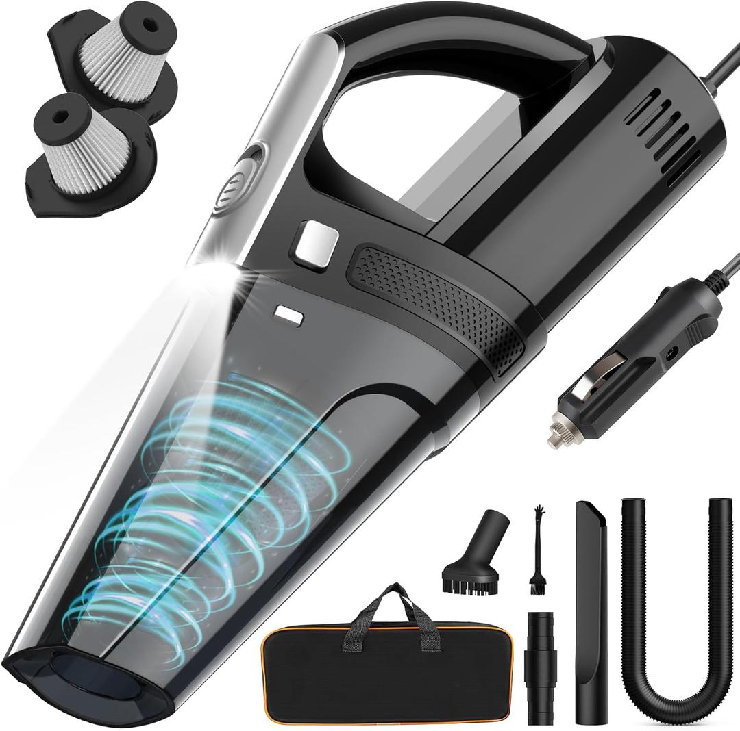 Car Vacuum, Portable Vacuum Cleaner with Powerful 7000PA Suction, DC 12V Power 16.4Ft Cord Wired Vacuum Cleaner, LED Light, Car Accessories for Men/Women (Black)