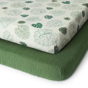 Blissful Diary Muslin Mini Crib Sheets, Pack and Play Mattress Sheets Fitted for Pack N Play, Soft Cotton for Boys Girls, 2 Pack(Monstera&Dark Green)