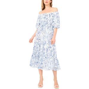 Vince Camuto Women's Off the Shoulder Puff Sleeve Smocked Waist Midi Dress (M)