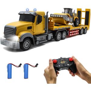 Fistone RC Semi Truck with Trailer, 1:24 RC Semi-Trailer Engineering Tractor with Sound and Lights, 2.4Ghz Remote Control Flatbed Truck with Road Roller Toys, Construction Vehicles Toy for Boys
