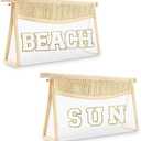 2 Pcs Boho Straw Clear Makeup Letter Beach Pouch, Sunscreen Bags for Travel, Small Cute Chenille SPF Bag, Waterproof Toiletry Sun Pouch, Accessories for Women (BEACH+SUN)