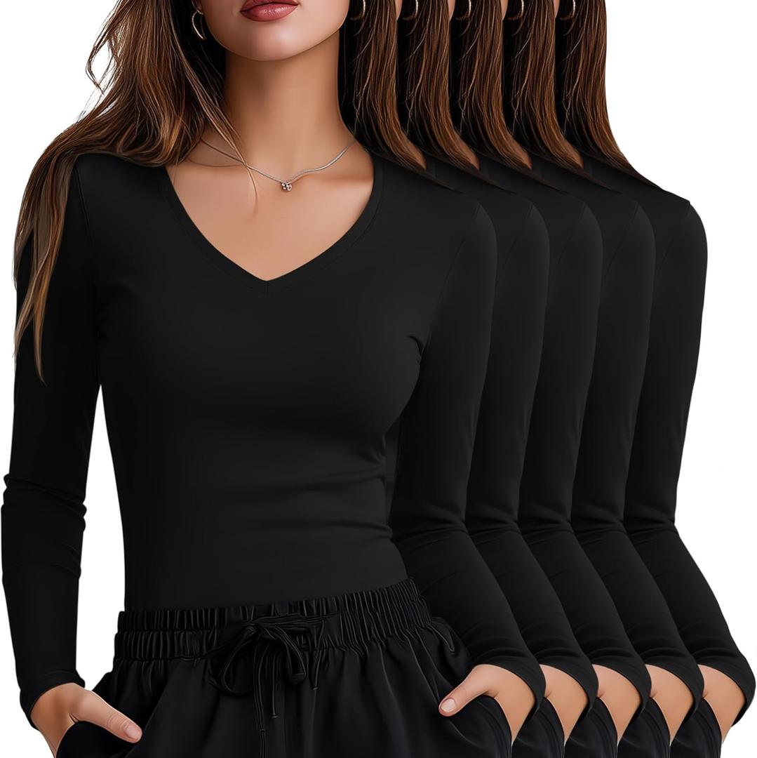 5 Pack Women's Long Sleeve Under Scrubs V Neck Fitted Undershirts Basic Layering Tops for Nurse (Black)
