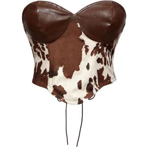 MakeMeChic Women's Cowgirl Outfits Cow Print Top Summer Leather Backless Crop Croset Tops (Brown) M
