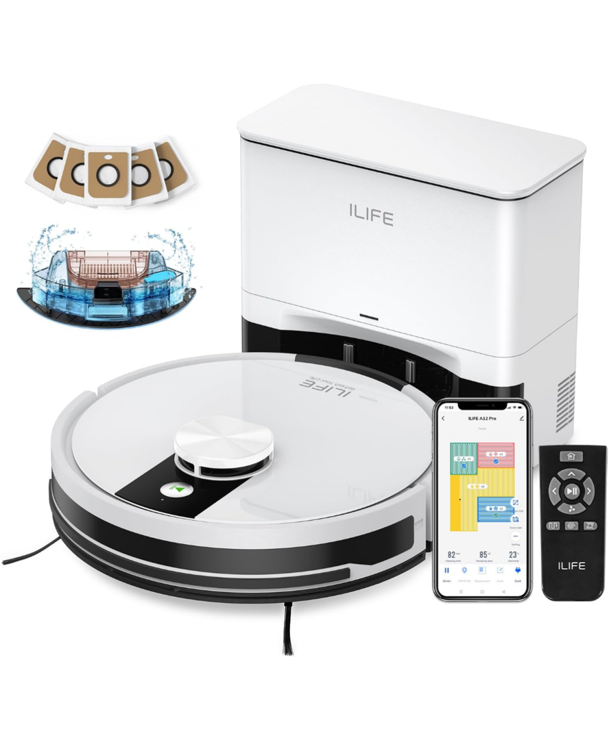 ILIFE A12 Pro Robot Vacuum and Mop Combo, Self Emptying Station for 60 Days, LiDAR Navigation, Home Mapping, No-Go Zones, 2.4G WiFi/App/Alexa/Remote Control, for Hard Floors, 110V