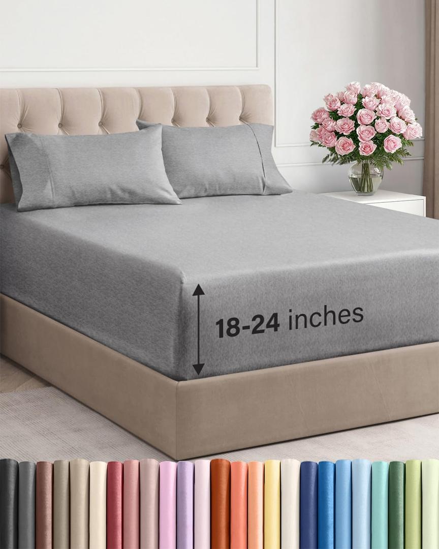 Extra Deep Queen Sheet Set - 4 Piece Breathable & Cooling Bed Sheets - Easily Fits 18 - 24 inch Mattress - Ultra Soft, Wrinkle & Fade Free w/ Extra Deep Pockets - Hotel Luxury Bedding - Heathered Grey
