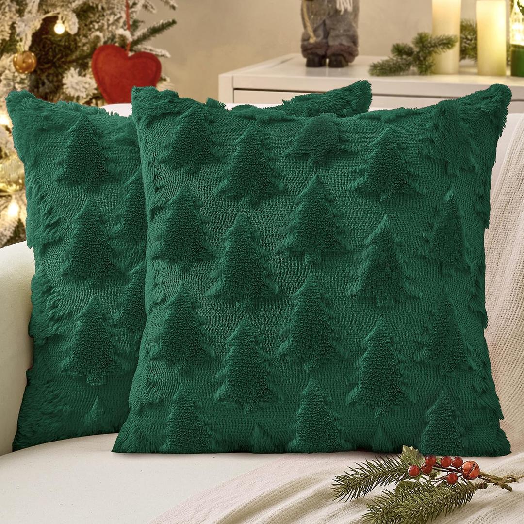 MIULEE Christmas Throw Pillow Covers Dark Green Christmas Decorations Set of 2 Xmas Tree 20x20 Pillow Covers Soft Plush Faux Wool Pillowcases Holiday Festivals Winter Home Decor Sofa Couch Bed Porch