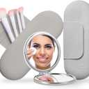 Travel Makeup Brush Holder & Pocket Mirror, Silicone Makeup Brush Organizer, Dirt-Resistant Easy to Clean Makeup Brush Bag with Anti-Fall Out Magnetic Closure (Ivory)