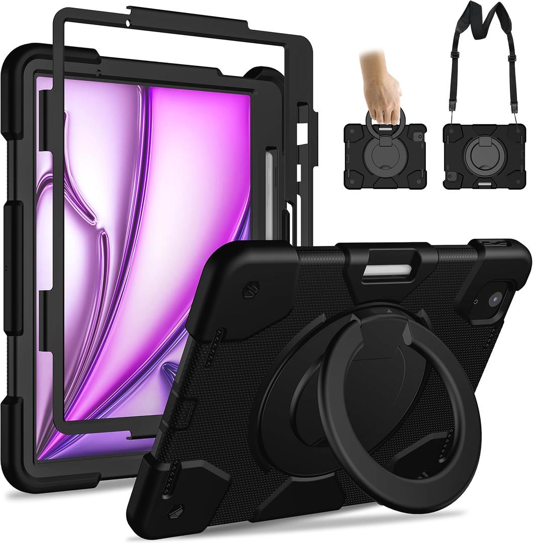 Andnary Case for iPad Air 11 inch Case M4/M3/M2 (2026/2025/2024), Heavy Duty Shockproof Cover with Screen Protector, 360 Rotating Stand, Pencil Holder, Shoulder Strap (Black)