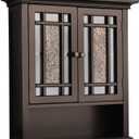 Teamson Home 2 Door Bathroom Wall Cabinet Windsor Collection with Crown Molding, Wall Mounted Over The Toilet Storage with Open Shelf & Decorative Glass Mosaic Details, Espresso