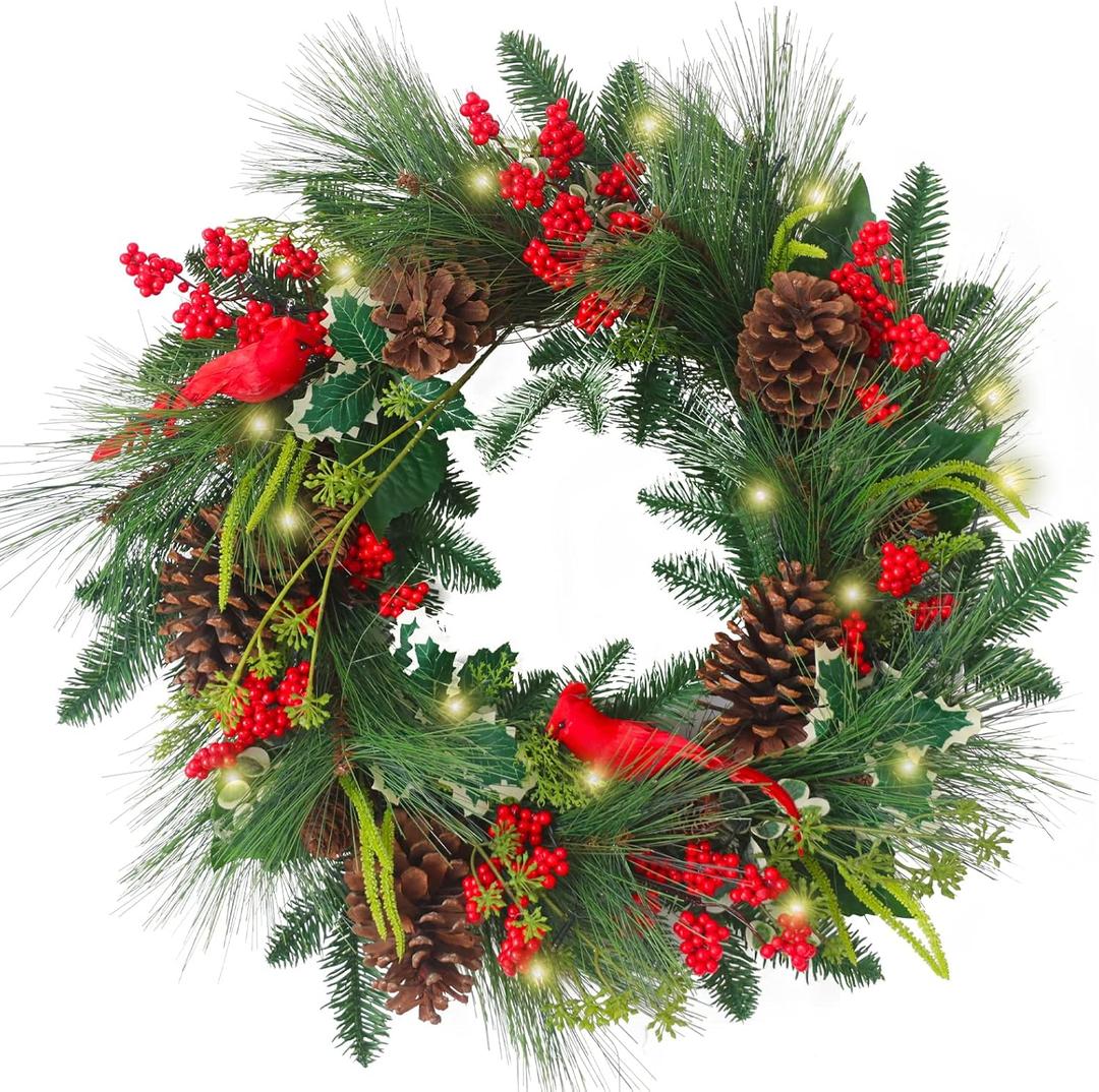 24 Inch Christmas Wreaths for Front Door, Christmas Door Wreaths with Birds,Pine Cones and Battery Operated LED Lights Large Artificial Xmas Wreath for Outdoor Holiday Decor