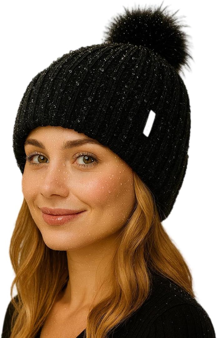 TOP-EX DryKnit Waterproof Knit Beanie with Removable Pom Fleece Lined Warm Winter Hat for Women Breathable Rain Snow Proof (One Size, 96603_black)