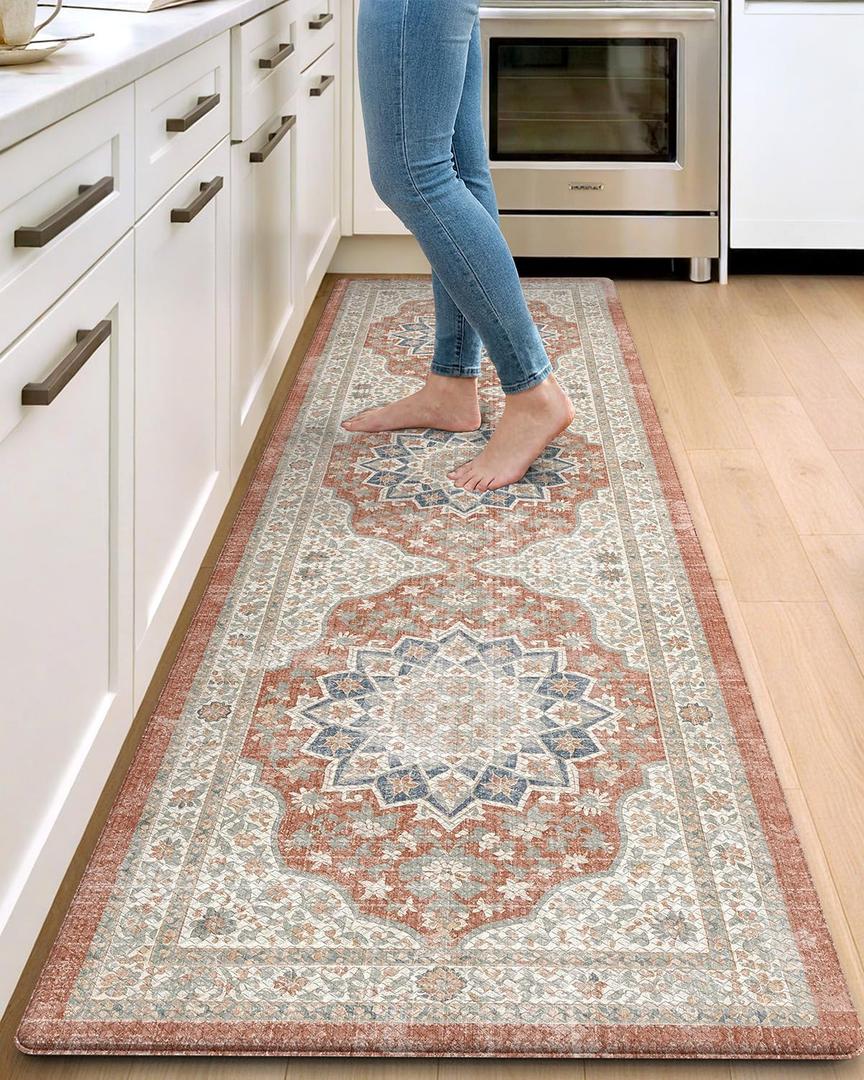 DEXI Kitchen Floor Mats Anti Fatigue, 23x86 Large Long Cushioned Vintage Runner Rug Waterproof, Standing Comfort Memory Foam Padded for Front Sink Laundry Office, Orange and White